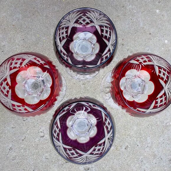 Set of 4 Ajka Caroline 9 Point Wine Hock Cut to Clear 2 Ruby/2 Amethyst Goblets - Picture 5 of 10